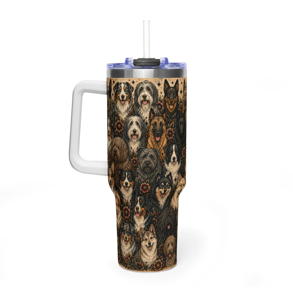 A tall handled travel tumbler with a clear straw, featuring a detailed print of various dog breeds on a dark background. The tumbler has a white handle and a clear lid with a black rim.