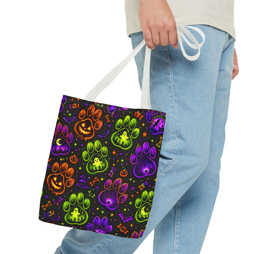 Spooky Neon Paw Print Tote Bag – Halloween Dog Lover Gift