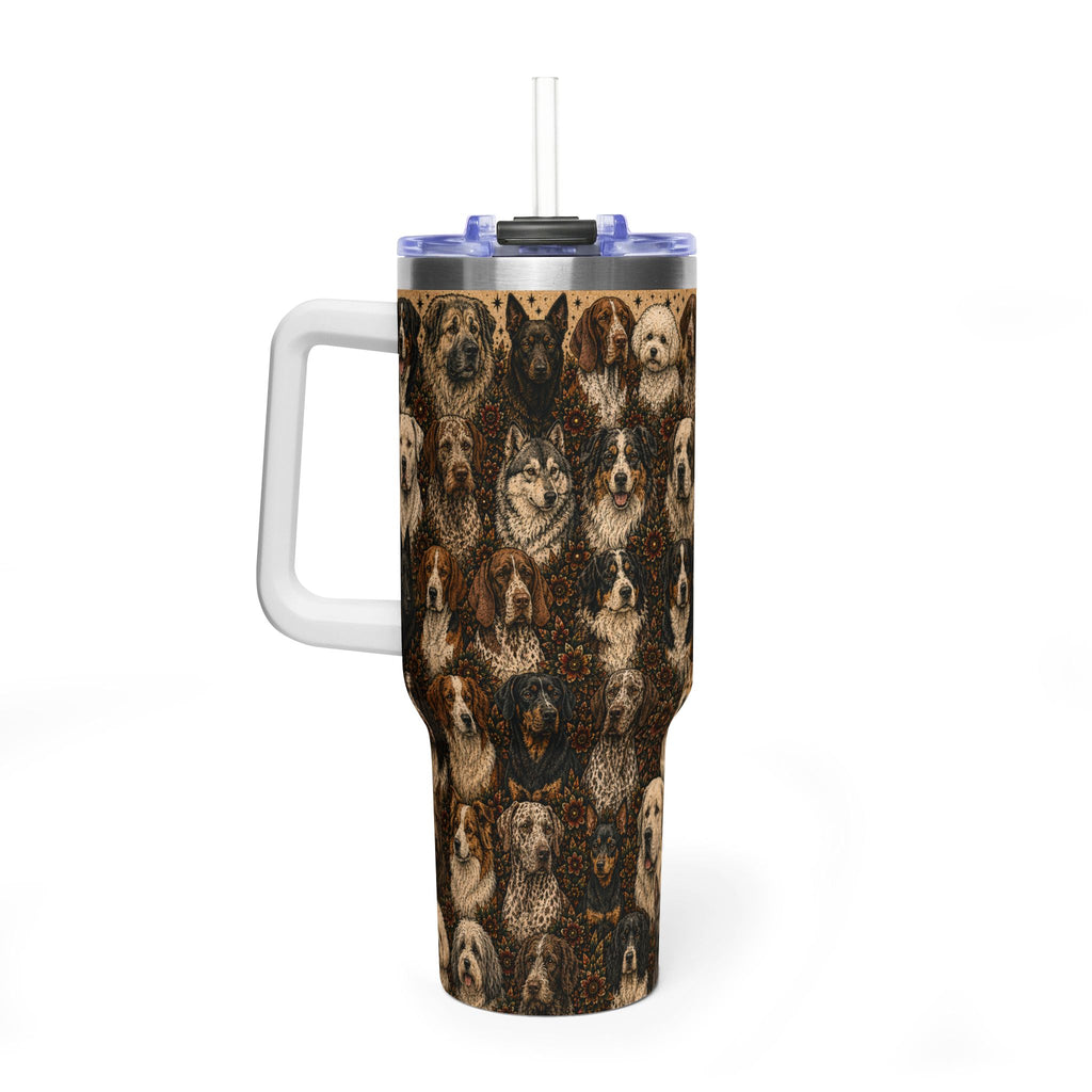 A tall handled tumbler with a clear straw, featuring a detailed print of various dog breeds in a leopard-like pattern. The tumbler has a white handle, a dark gray rim, and a blue lid accent.