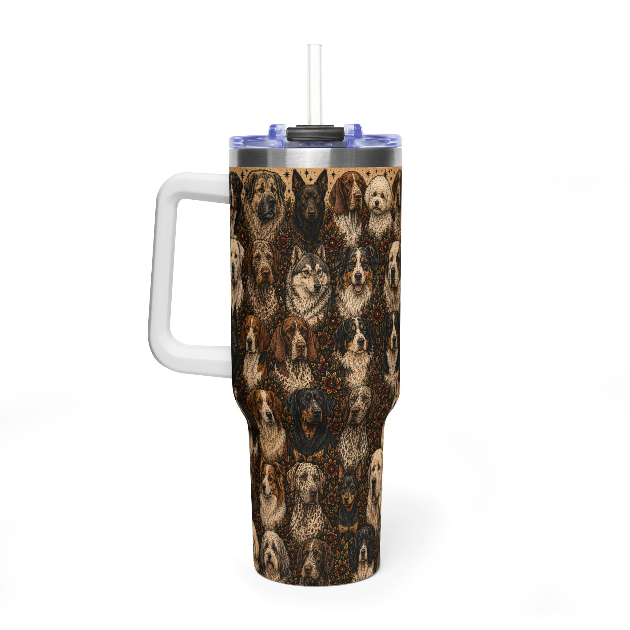 A tall handled tumbler with a clear straw, featuring a detailed print of various dog breeds in a leopard-like pattern. The tumbler has a white handle, a dark gray rim, and a blue lid accent.