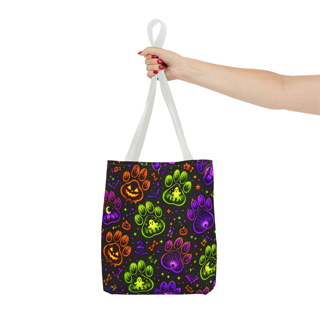 Spooky Neon Paw Print Tote Bag – Halloween Dog Lover Gift