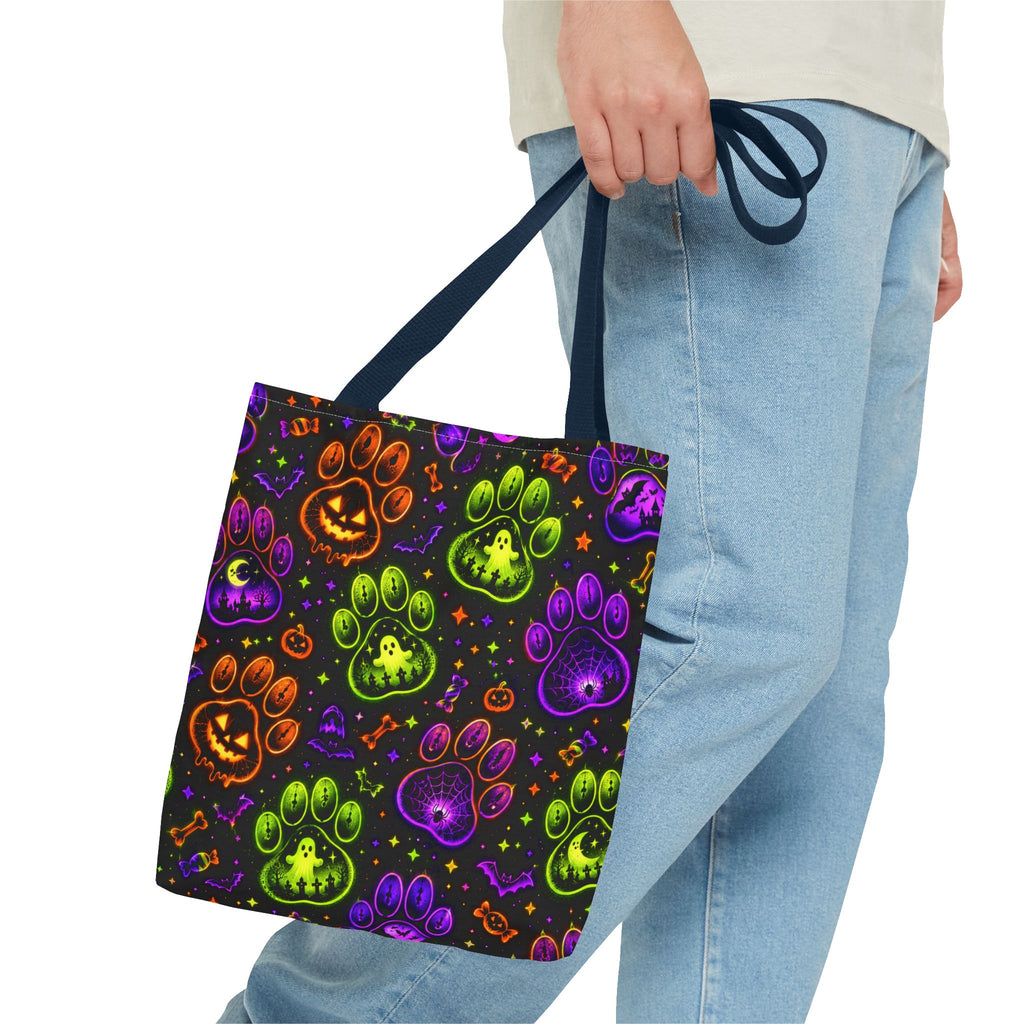 Spooky Neon Paw Print Tote Bag – Halloween Dog Lover Gift