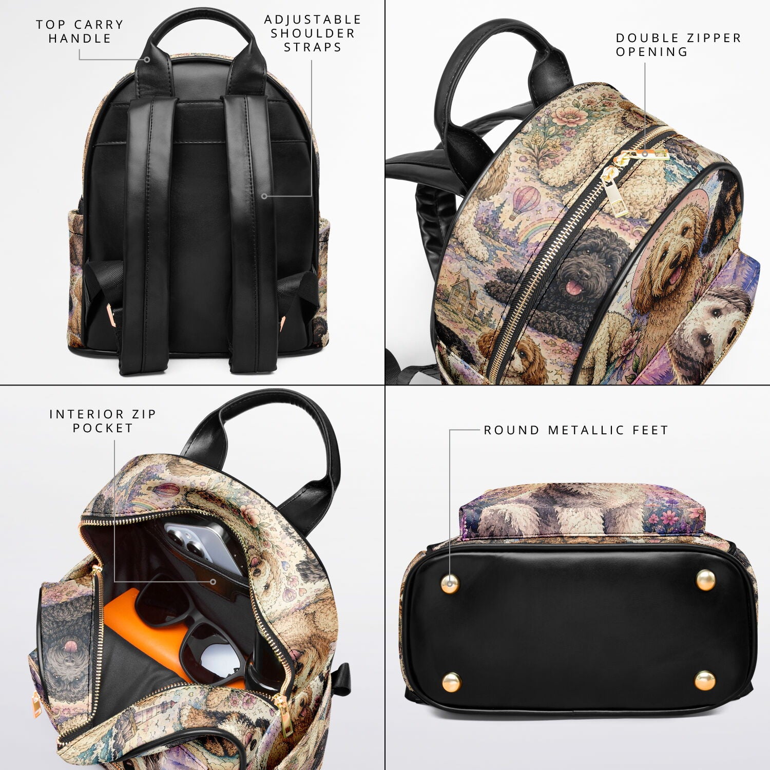 Pastel Doodle Adventure Mini Backpack | Dog Lover Backpack | Sheepadoodle, Goldendoodle & Bernedoodle Inspired Mini Backpack - AOP