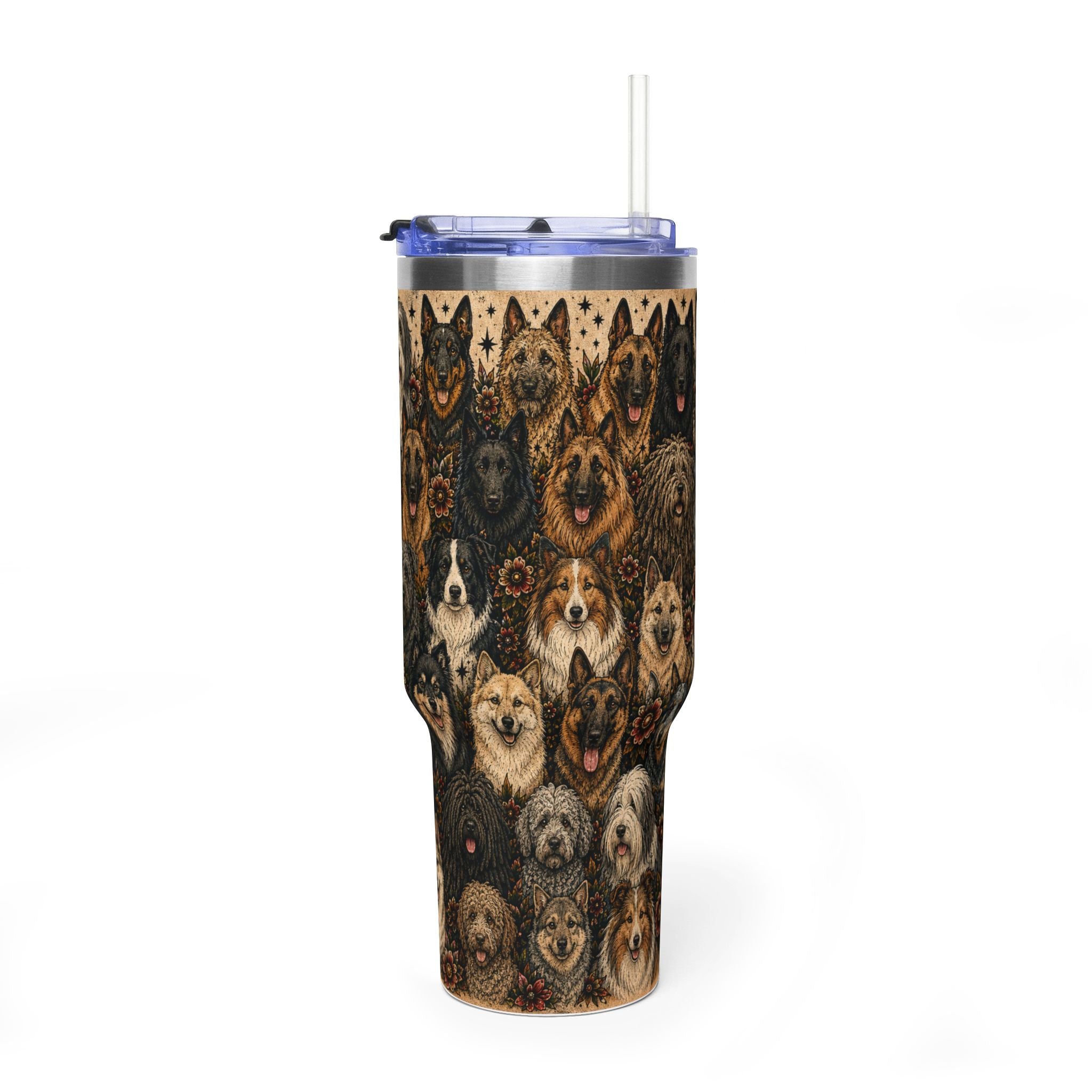 A tall insulated tumbler with a clear lid and straw, featuring an all-over print of various dog faces in tan, brown, black, and cream tones. The tumbler is shown on a clean white background.