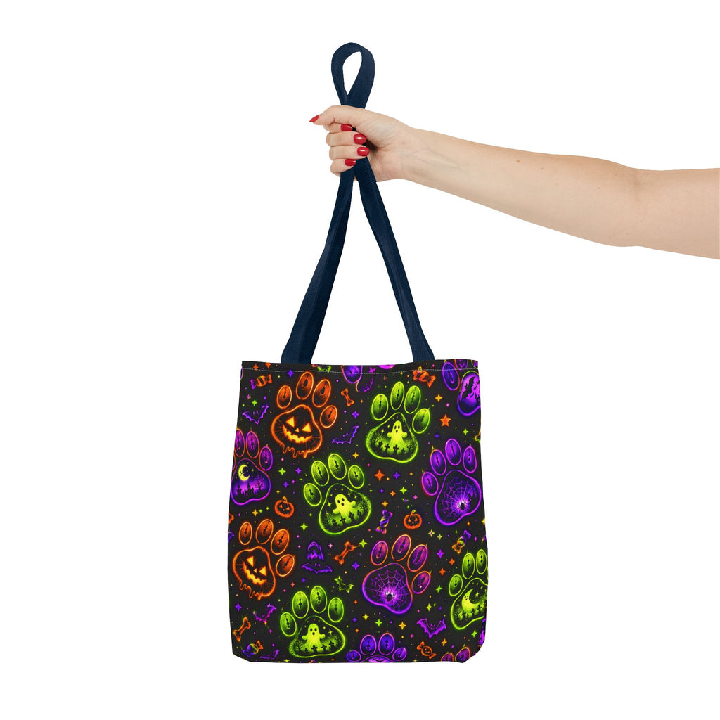 Spooky Neon Paw Print Tote Bag – Halloween Dog Lover Gift